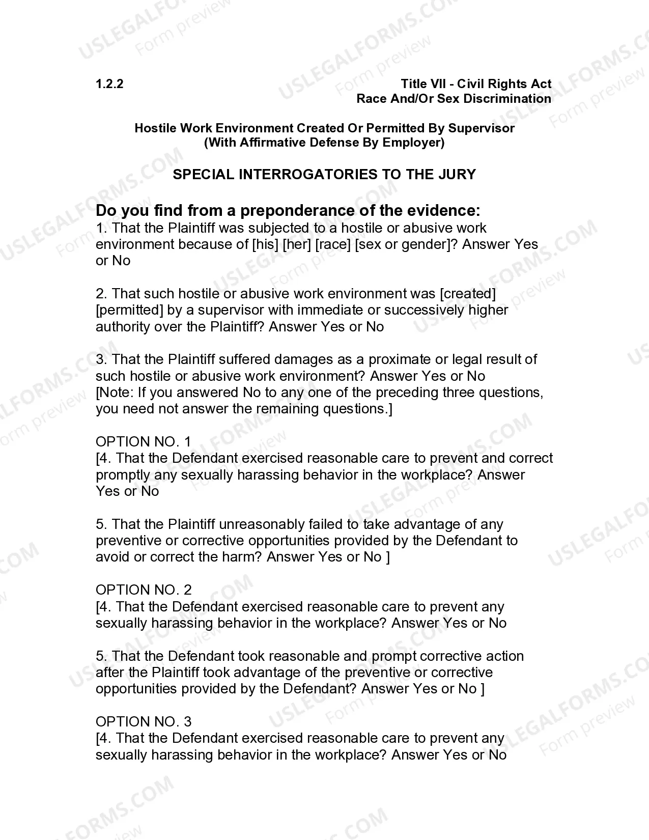 Preview Jury Instruction - 1.2.2 Race And Or Sex Discrimination Hostile Work Environment Created Or Permitted By Supervisor - With Affirmative Defense By Employer