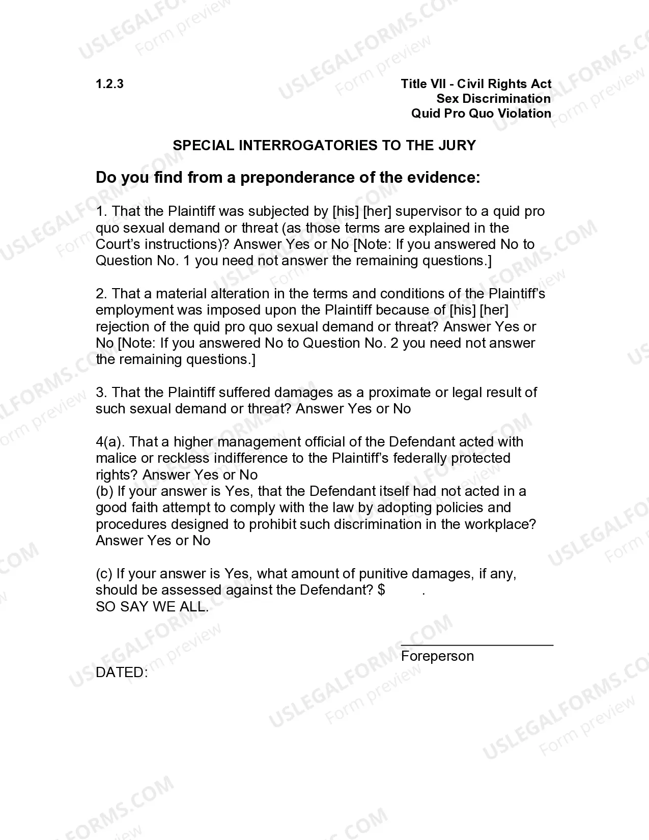 Preview Jury Instruction - 1.2.3 Sex Discrimination Quid Pro Quo Violation