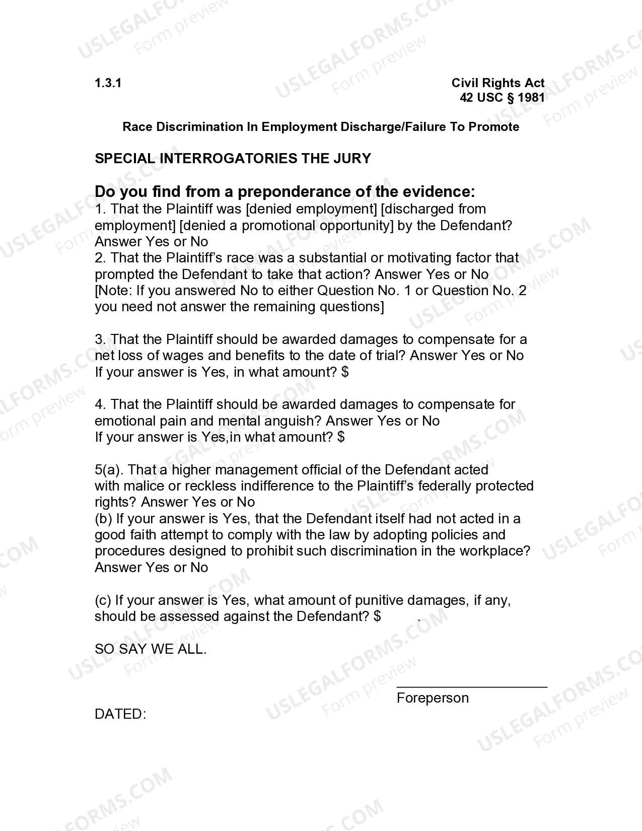 Preview Jury Instruction - 1.3.1 Civil Rights Act 42 USC Sect.1981 Race Discrimination In Employment Discharge - Failure To Promote General Instruction