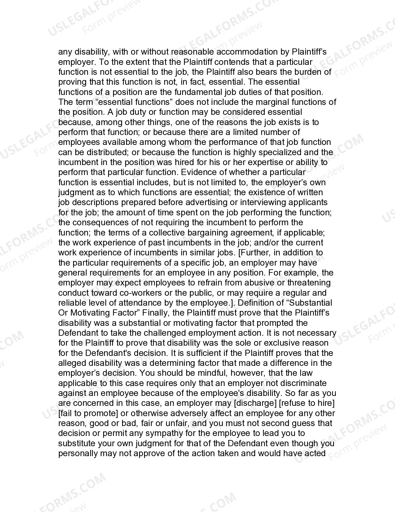 Preview Jury Instruction - 1.5.1 Americans With Disabilities Act 42 USC Sect. 12101 - 12117 Disparate Treatment Claim