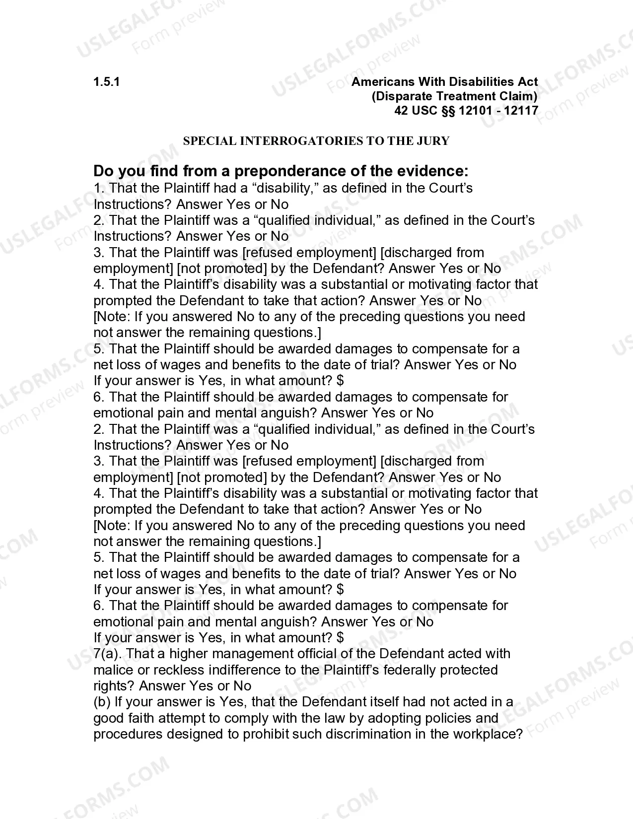 Preview Jury Instruction - 1.5.1 Americans With Disabilities Act 42 USC Sect. 12101 - 12117 Disparate Treatment Claim