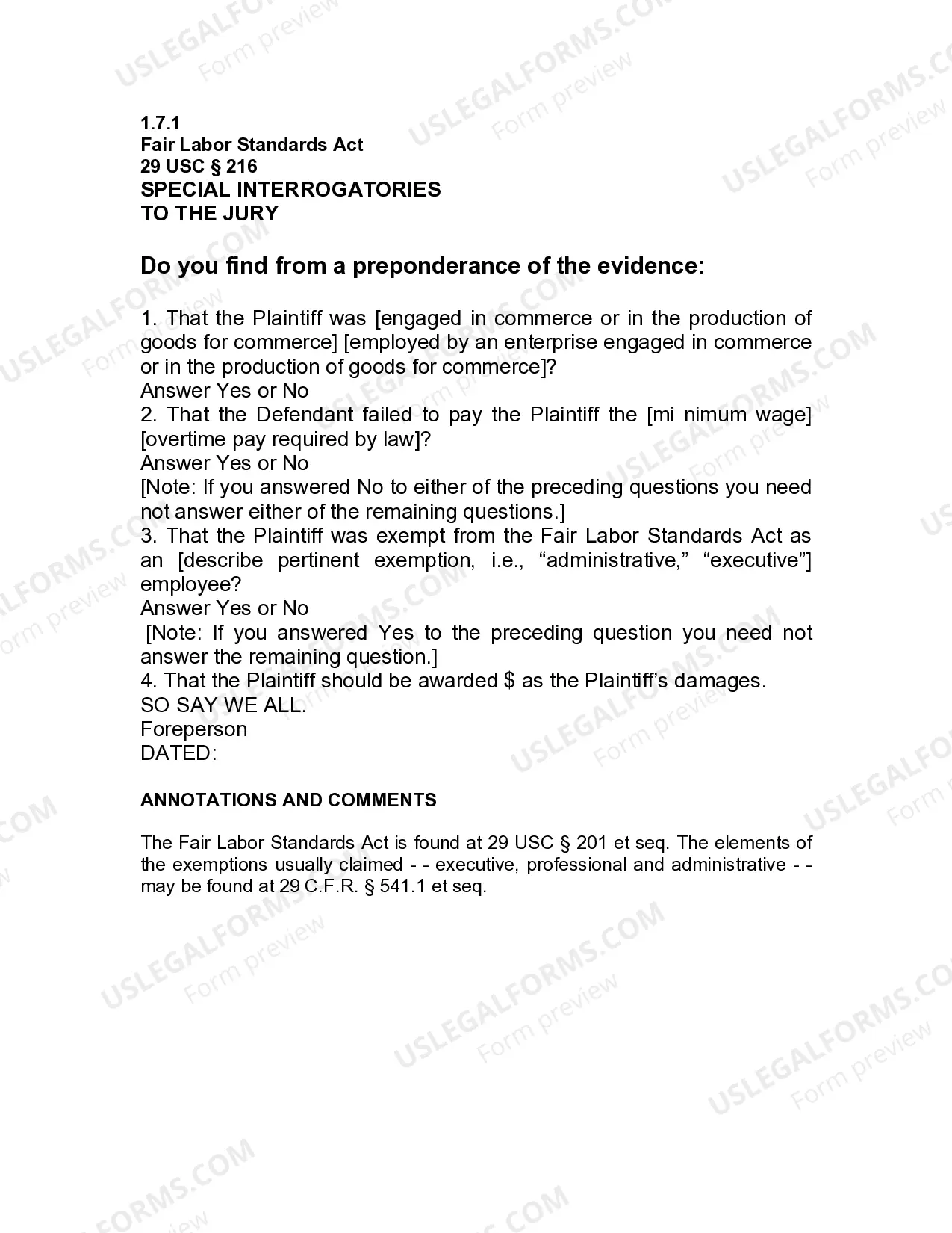 Preview Jury Instruction - 1.7.1 Fair Labor Standards Act 29 USC Sect. 201 et seq. General Instruction