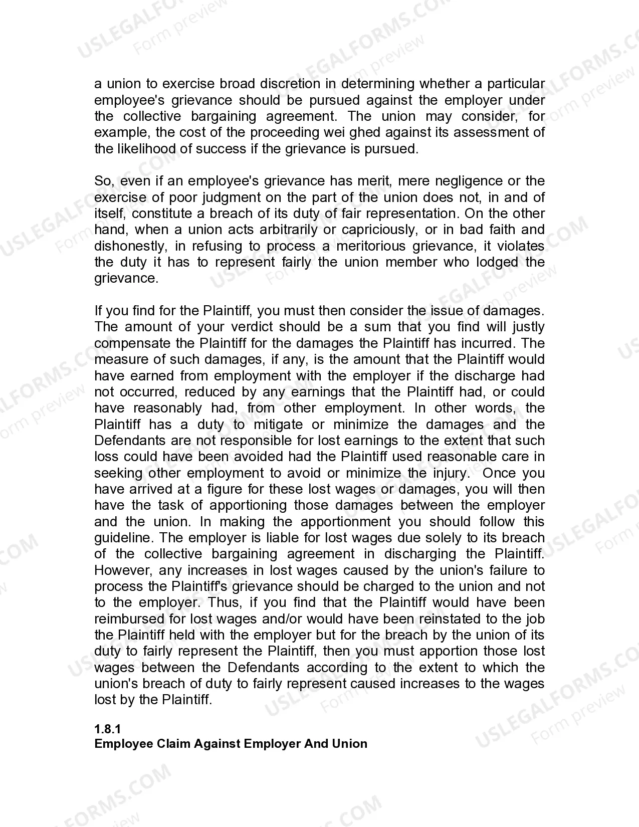 Preview Jury Instruction - 1.8.1 Employee Claim Against Employer and Union - Vaca v. Sipes - General Instruction