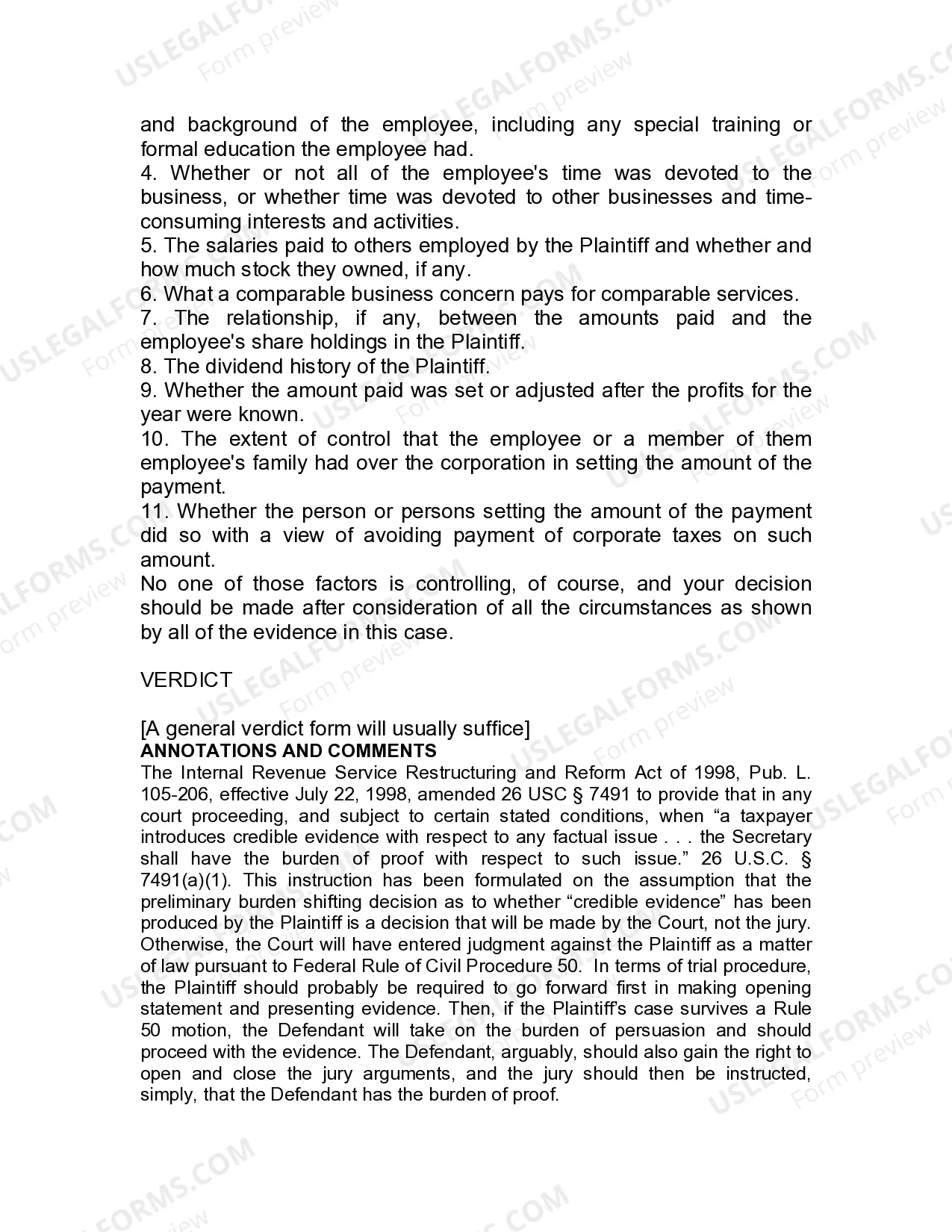 Preview Jury Instruction - 10.10.1 Reasonable Compensation To Stockholder - Employee