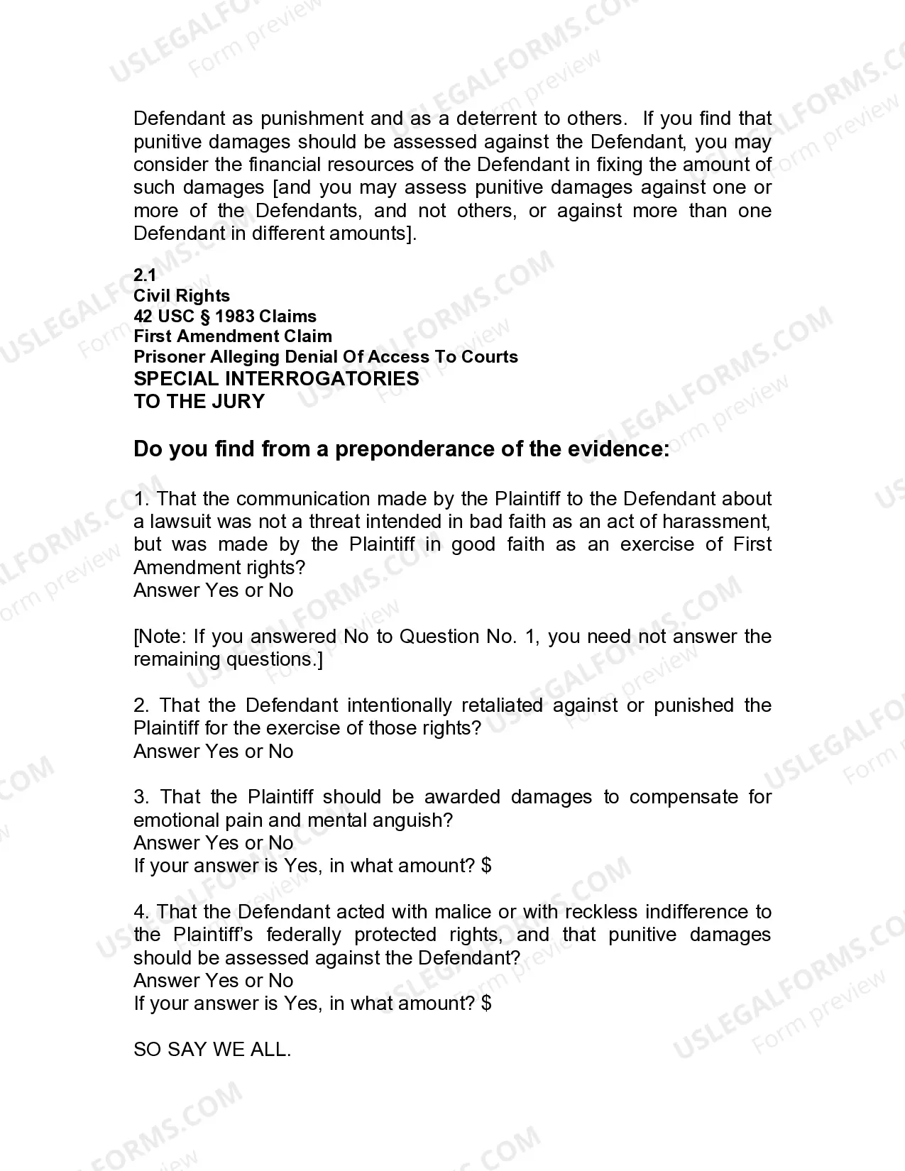 Preview Jury Instruction - 2.2.1 First Amendment Claim Prisoner Alleging Denial Of Access To Courts
