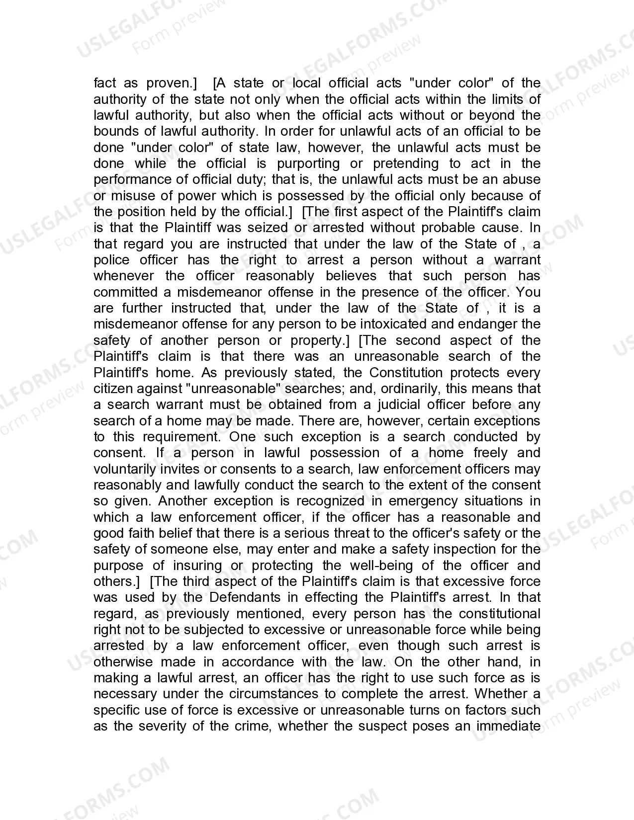 Preview Jury Instruction - 2.2.2 Fourth Amendment Claim Citizen Alleging Unlawful Arrest - Unlawful Search - Excessive Force