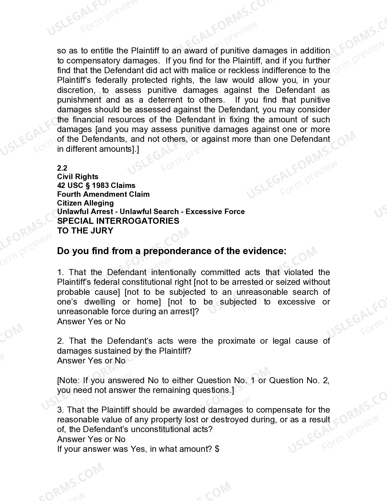Preview Jury Instruction - 2.2.2 Fourth Amendment Claim Citizen Alleging Unlawful Arrest - Unlawful Search - Excessive Force