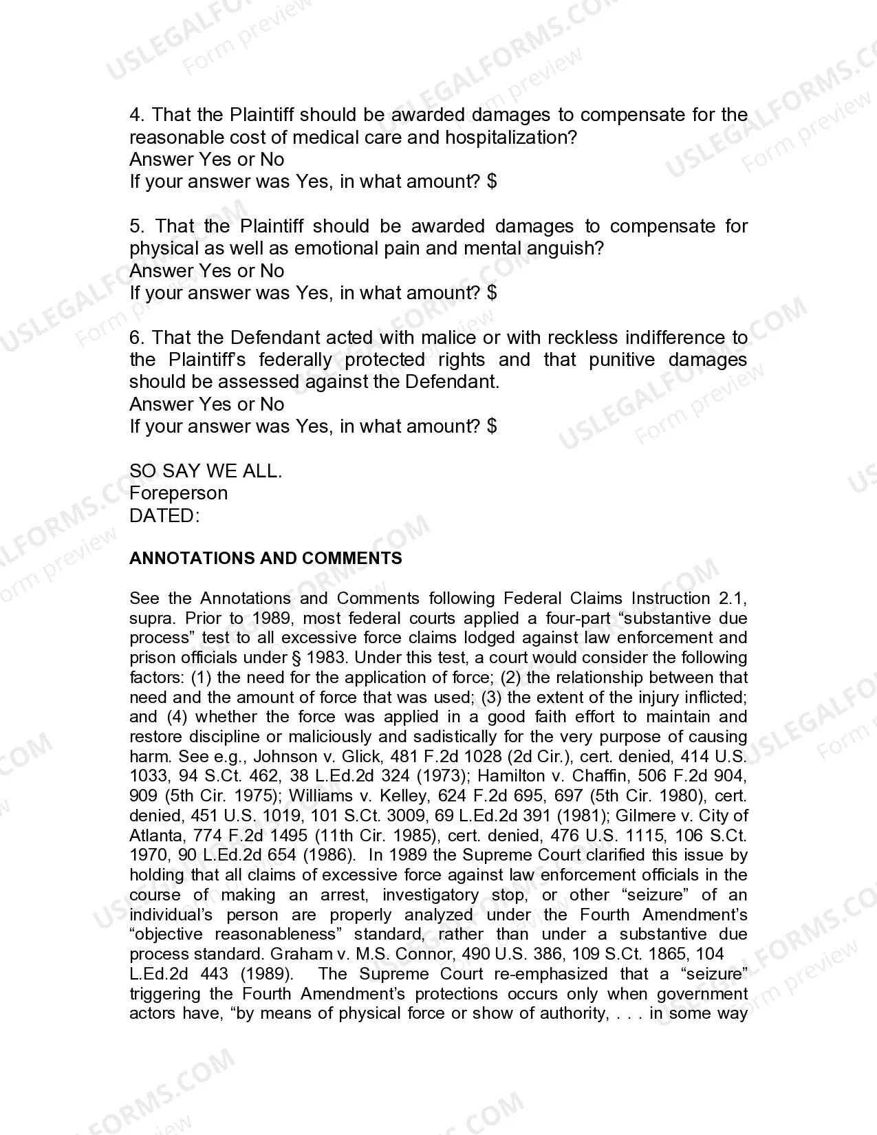 Preview Jury Instruction - 2.2.2 Fourth Amendment Claim Citizen Alleging Unlawful Arrest - Unlawful Search - Excessive Force