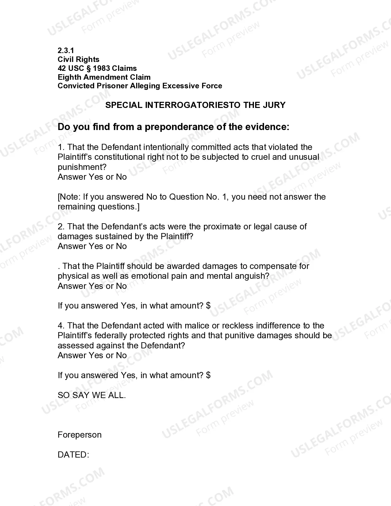 Preview Jury Instruction - 2.2.3.1 Convicted Prisoner Alleging Excessive Force