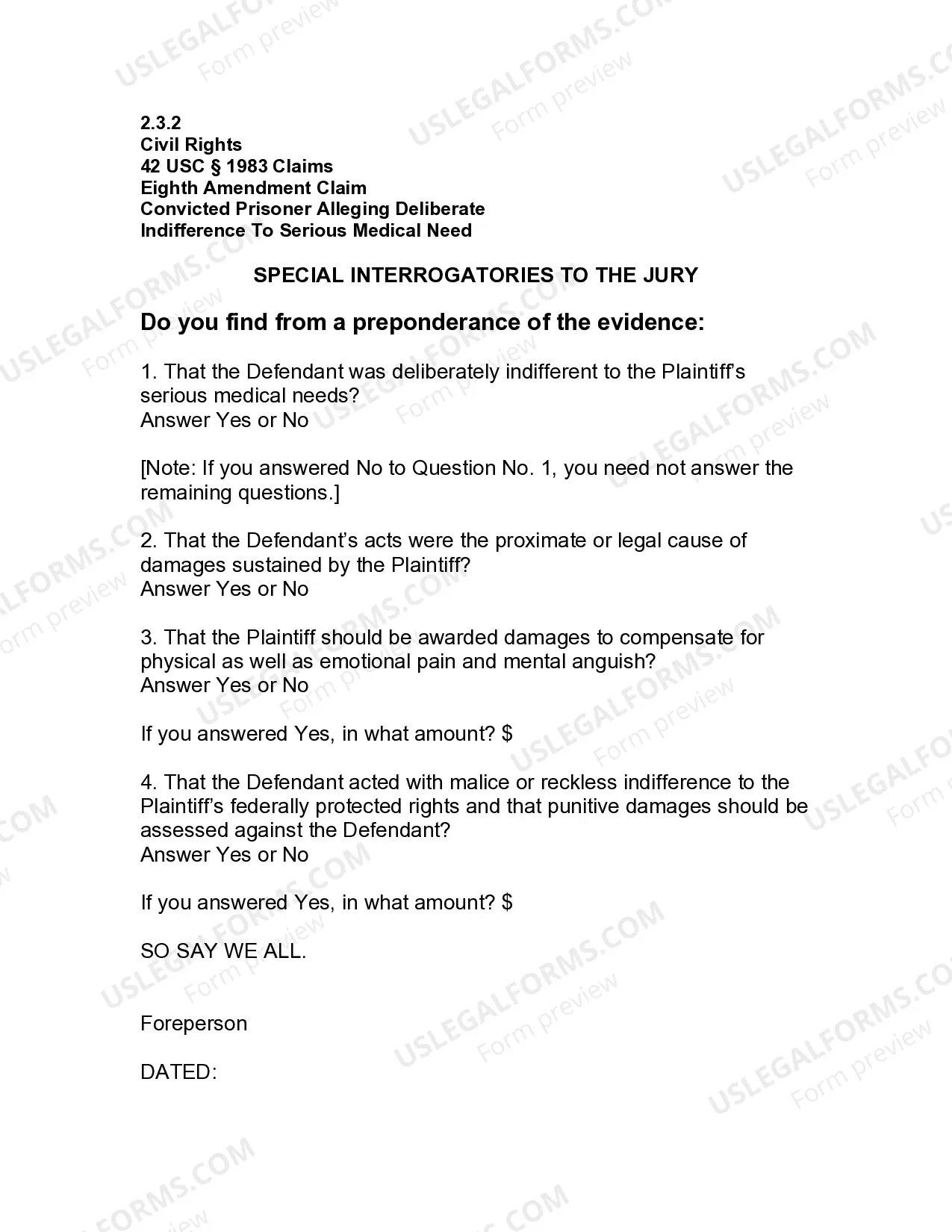 Preview Jury Instruction - 2.2.3.2 Convicted Prisoner Alleging Deliberate Indifference To Serious Medical Need
