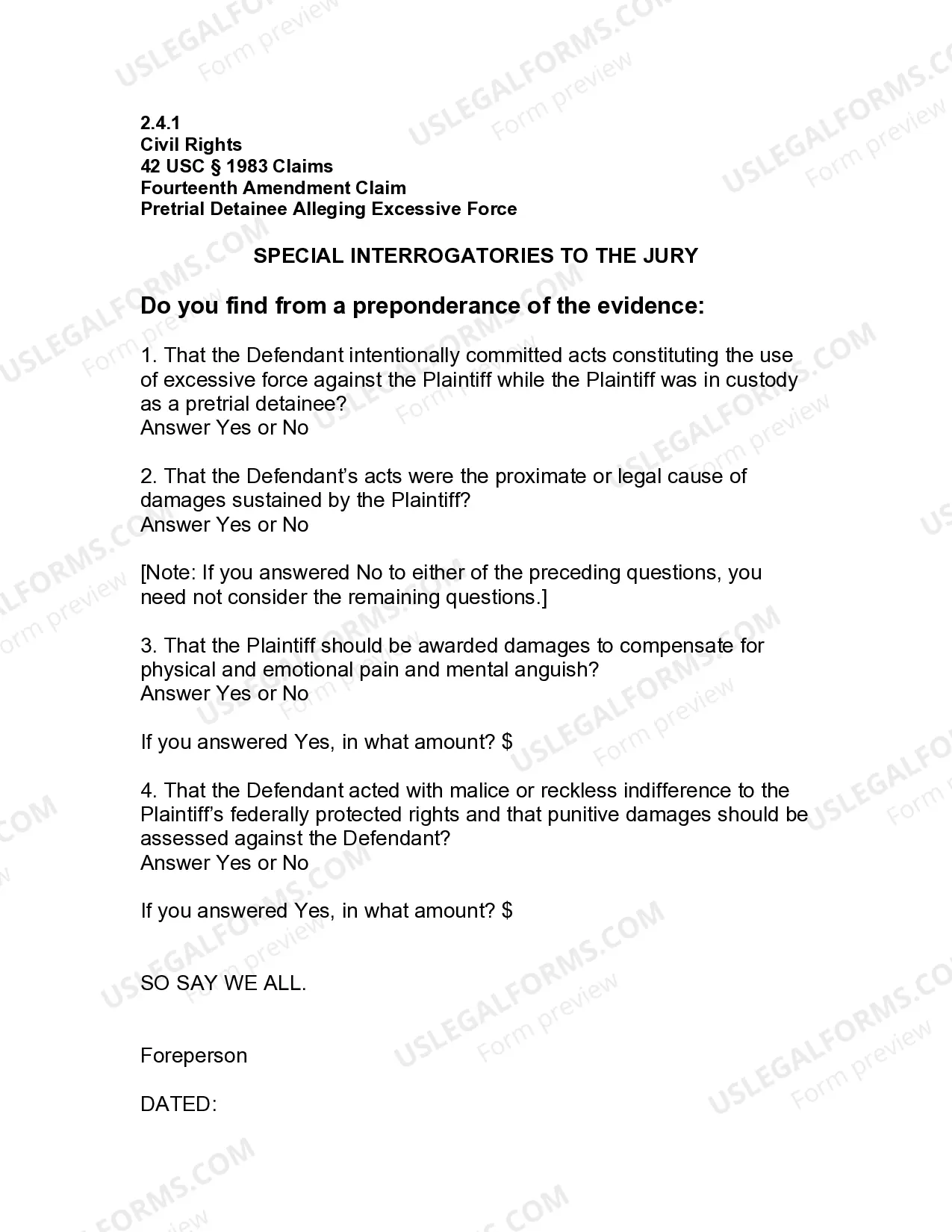 Preview Jury Instruction - 2.2.4.1 Pretrial Detainee Alleging Excessive Force