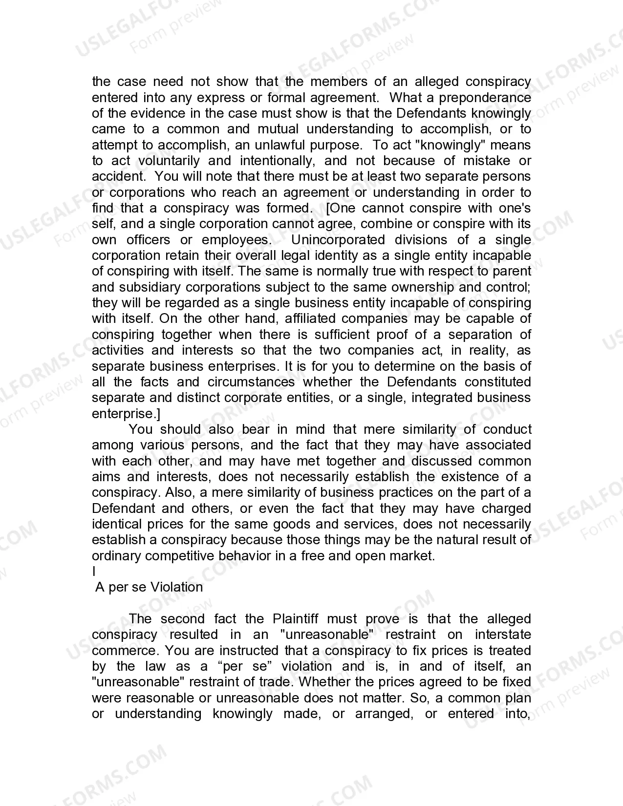 Preview Jury Instruction - 3.3.1 Section 1, Per Se Violation Conspiracy To Fix Prices - Includes Alternative Rule of Reason Instruction