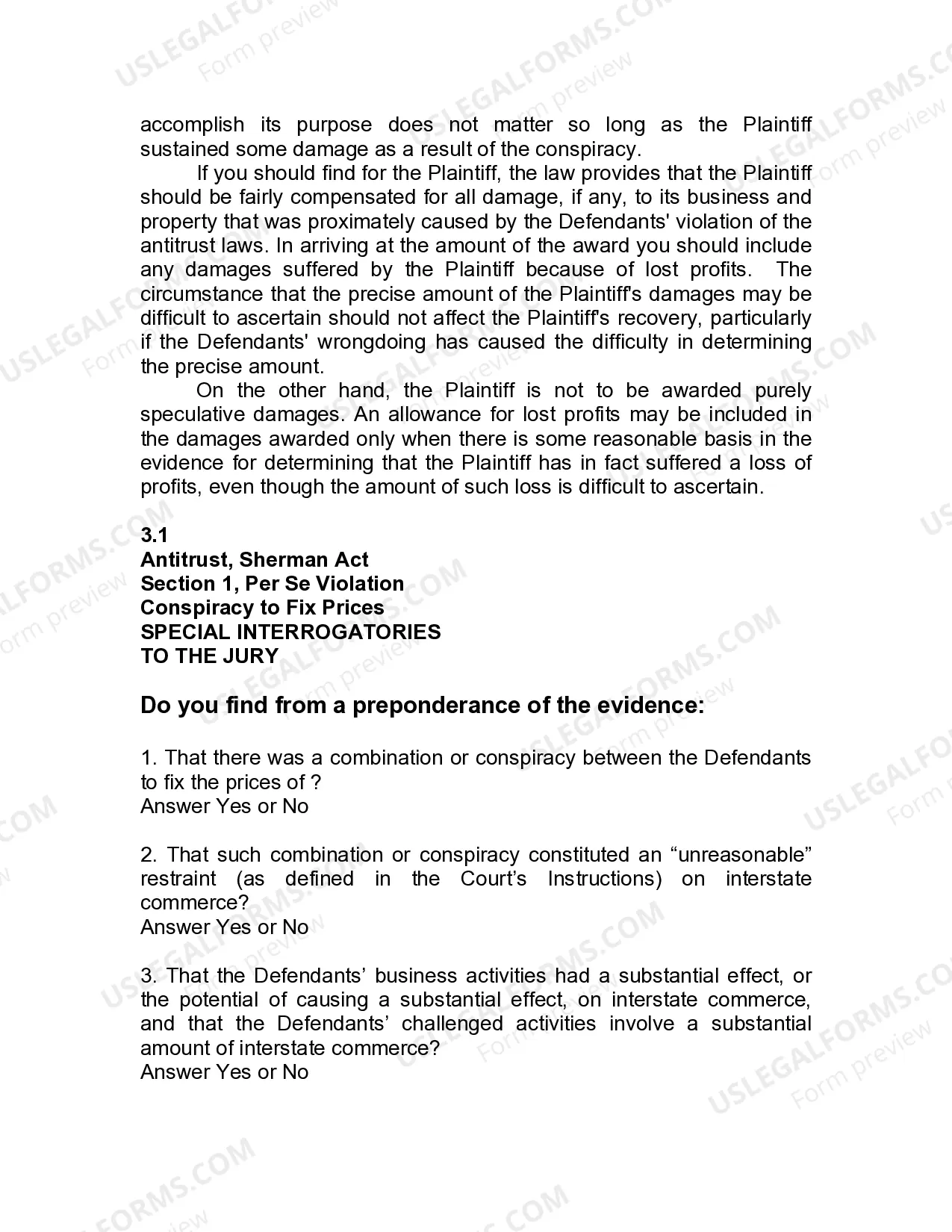 Preview Jury Instruction - 3.3.1 Section 1, Per Se Violation Conspiracy To Fix Prices - Includes Alternative Rule of Reason Instruction