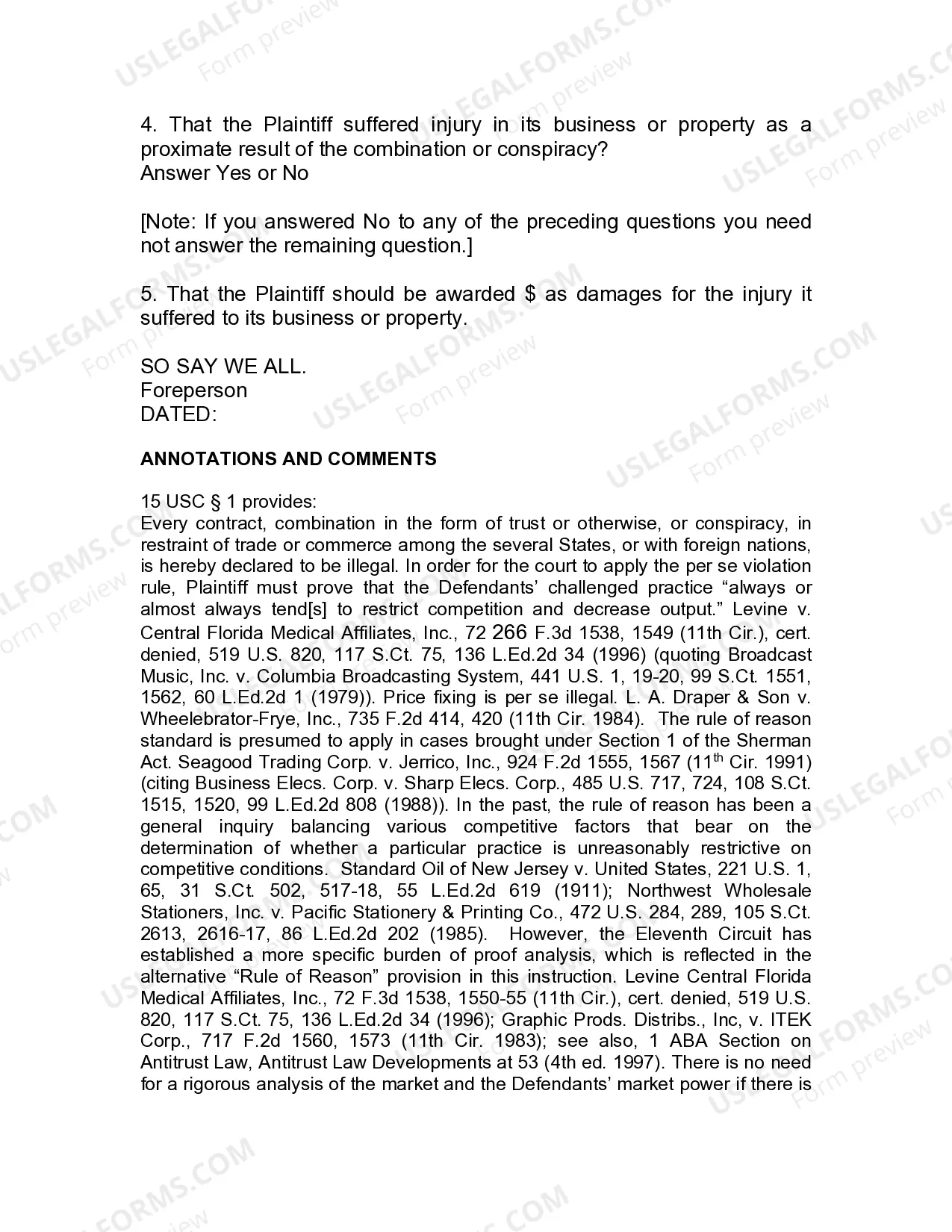 Preview Jury Instruction - 3.3.1 Section 1, Per Se Violation Conspiracy To Fix Prices - Includes Alternative Rule of Reason Instruction
