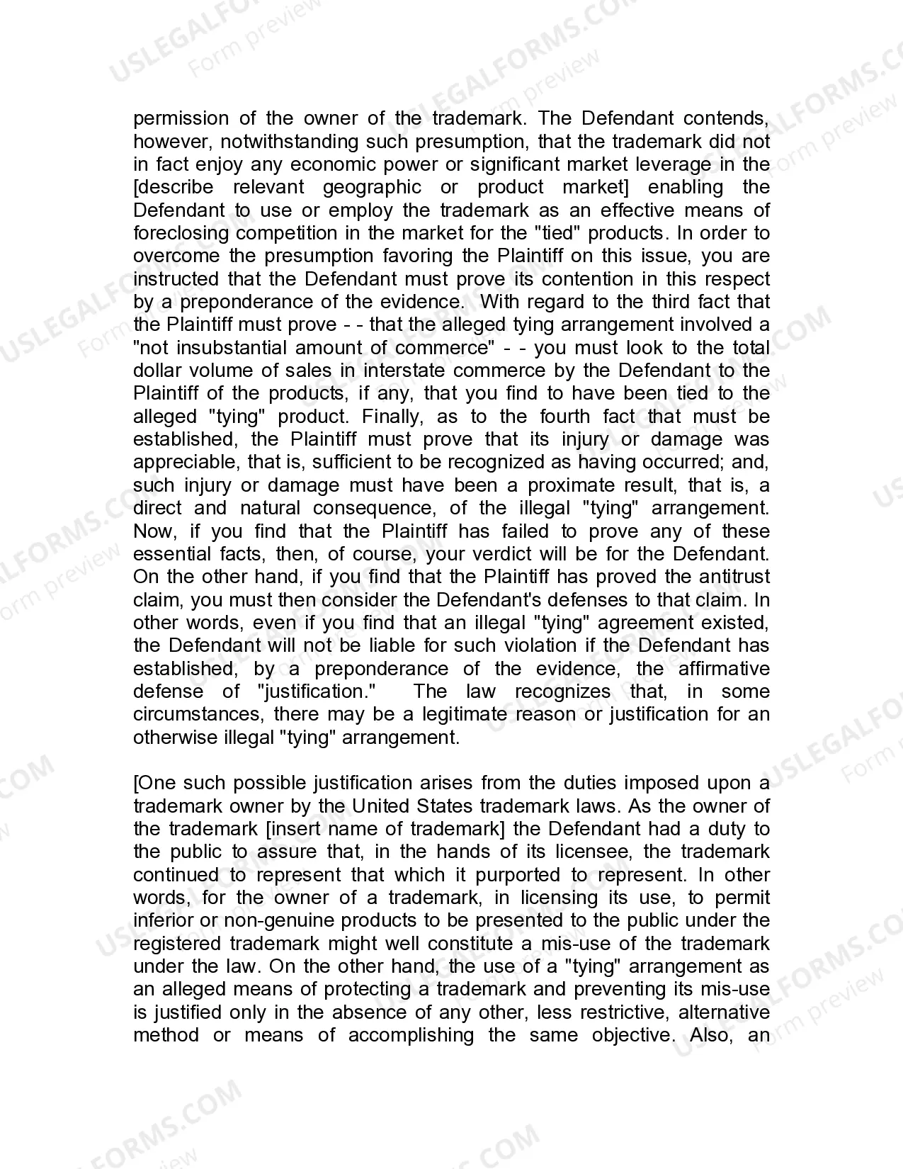 Preview Jury Instruction - 3.3.2 Section 1, Per Se Violation Tying Agreement - Defense Of Justification