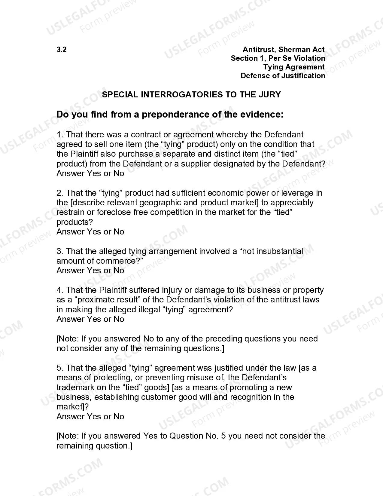 Preview Jury Instruction - 3.3.2 Section 1, Per Se Violation Tying Agreement - Defense Of Justification