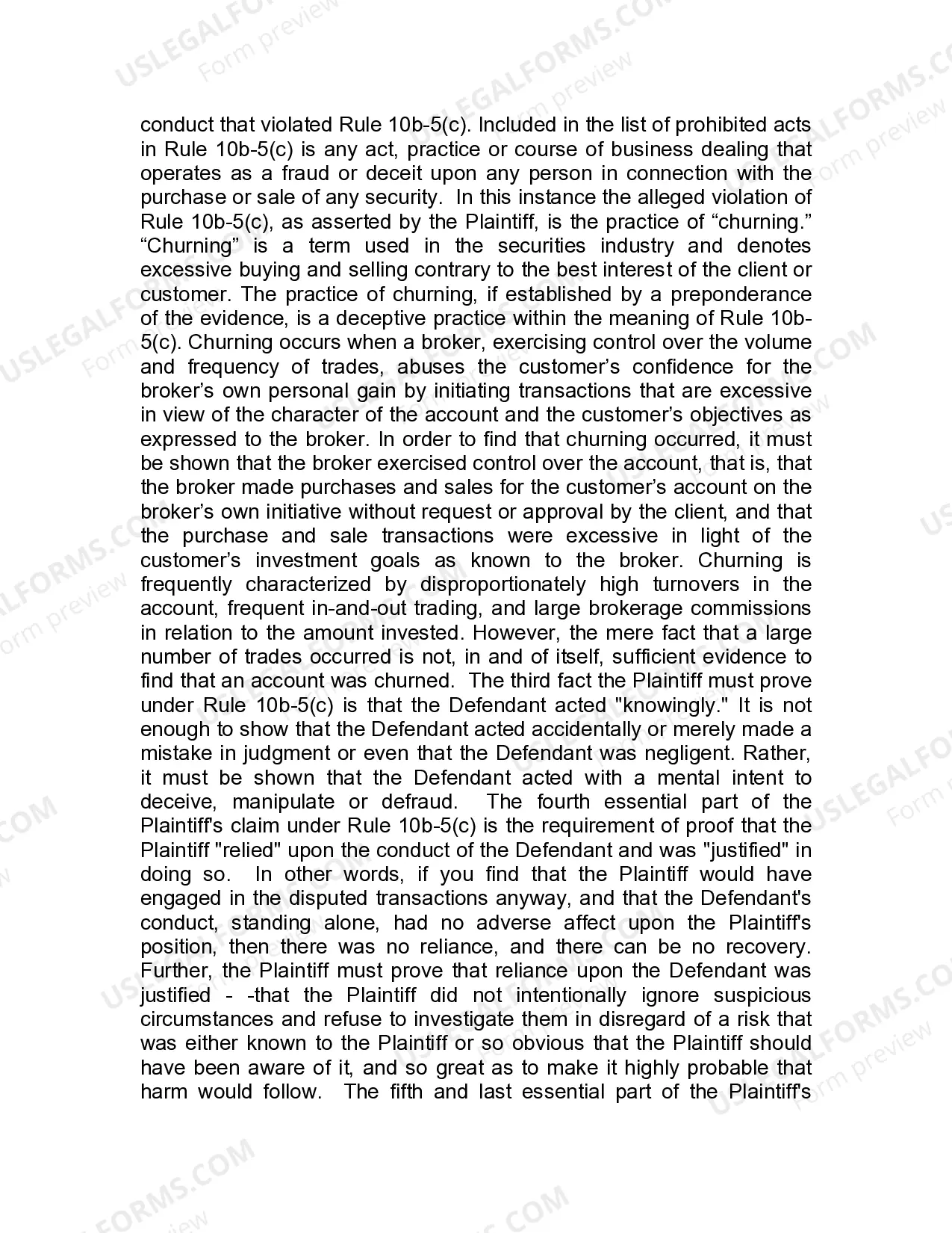 Preview Jury Instruction - 4.4.3 Rule 10(b) - 5(c) Fraudulent Practice or Course of Dealing Stockbroker Churning - Violation of Blue Sky Law and Breach of Fiduciary Duty