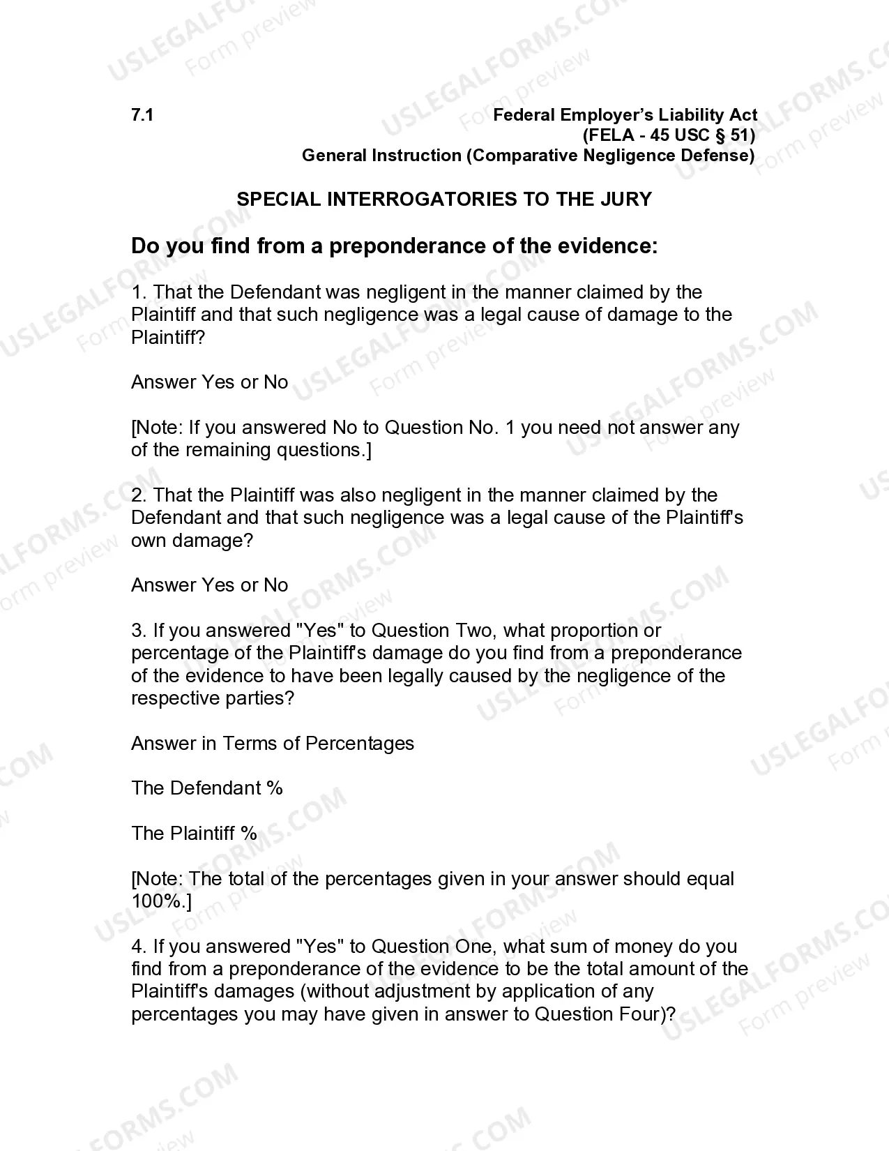 Preview Jury Instruction - 7.7.1 General Instruction - Comparative Negligence Defense