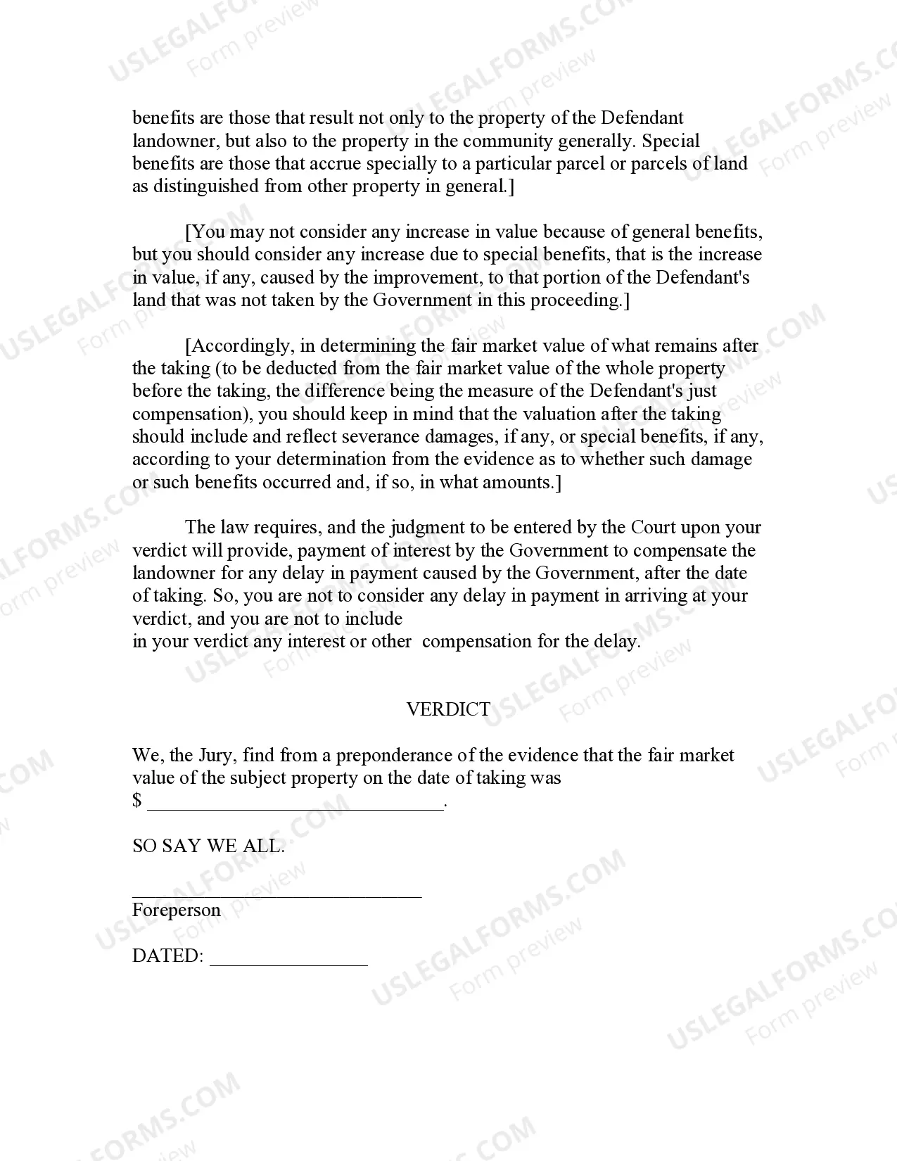 Preview Jury Instruction - 9.9.1 General Instruction - Including Partial Taking Instructions