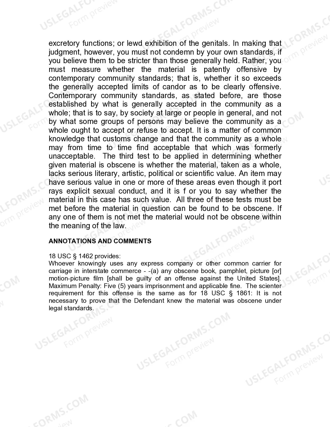 Preview Jury Instruction - Interstate Transportation Of Obscene Material - By Common Carrier