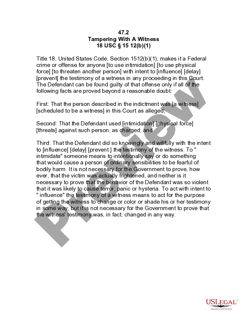 Jury Instruction Tampering With A Witness US Legal Forms