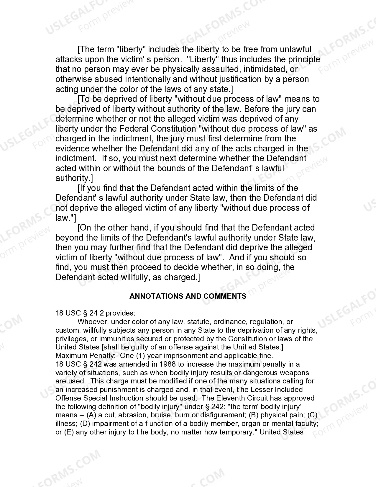 Preview Jury Instruction - Deprivation Of Civil Rights - Without Bodily Injury, Kidnapping Sexual Assault Or Death