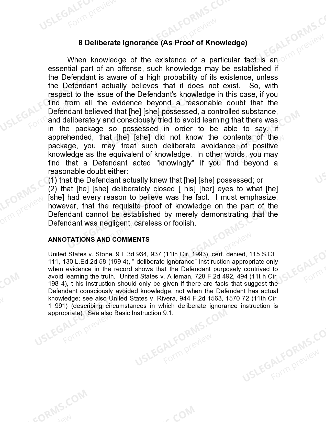 Jury Instruction Deliberate Ignorance As Proof Of Knowledge US