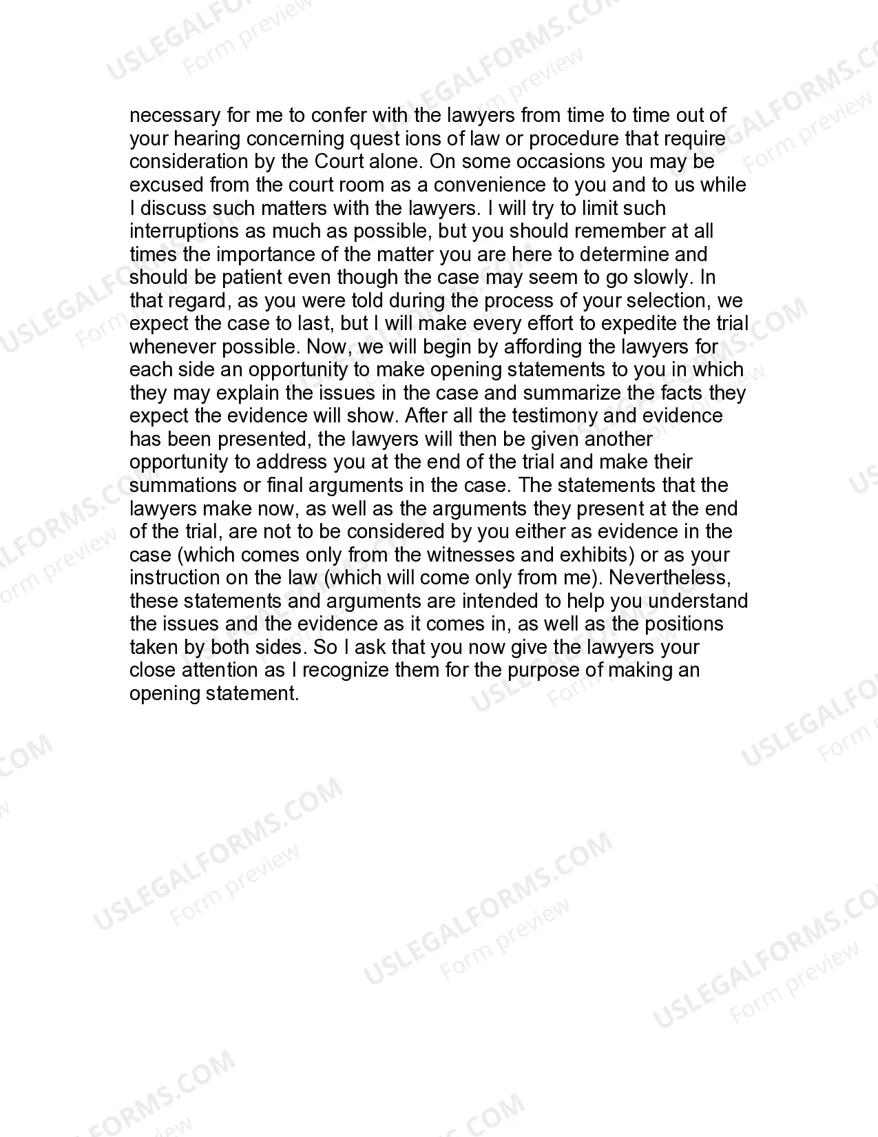 Preview Jury Instruction - Preliminary Instructions Before Opening Statements - Short Form