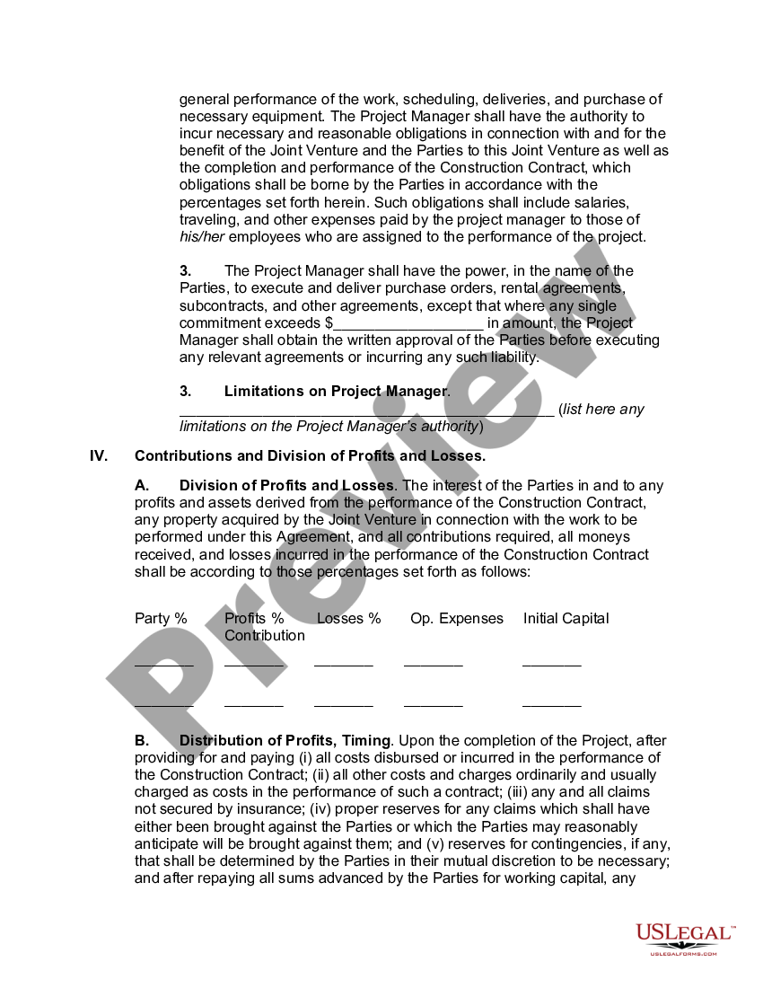 Montana Joint Venture Agreement for the Construction of (Name of ...