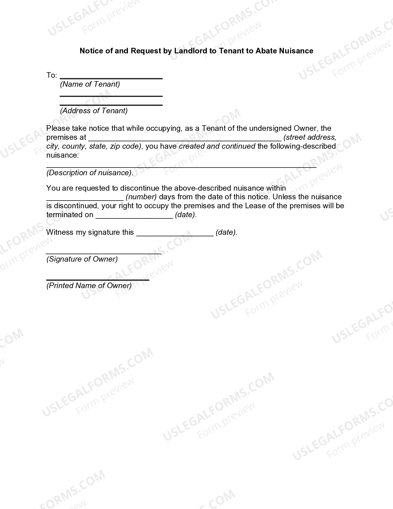 California Notice of and Request by Landlord to Tenant to Abate