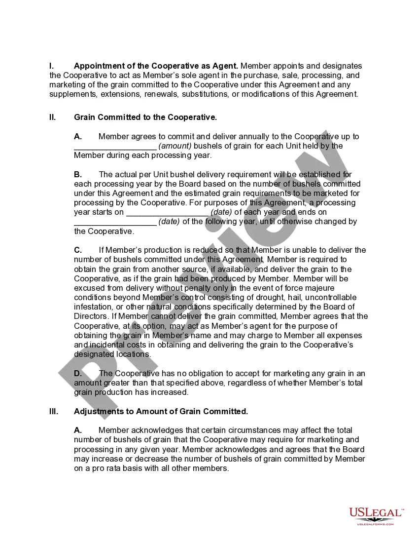 Preview Uniform Marketing and Delivery Agreement of Cooperative