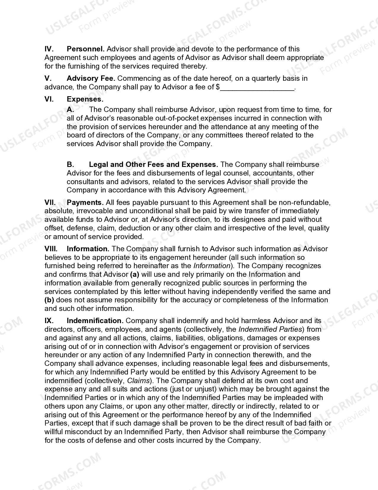 Preview Business Advisory Services Agreement