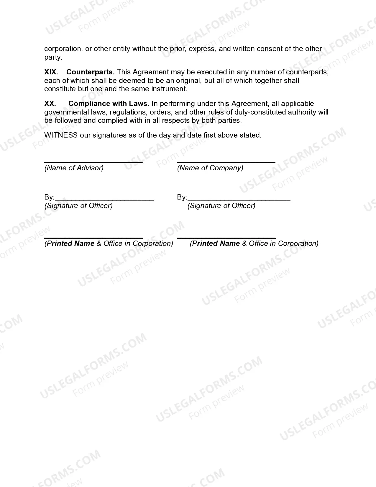 Preview Business Advisory Services Agreement