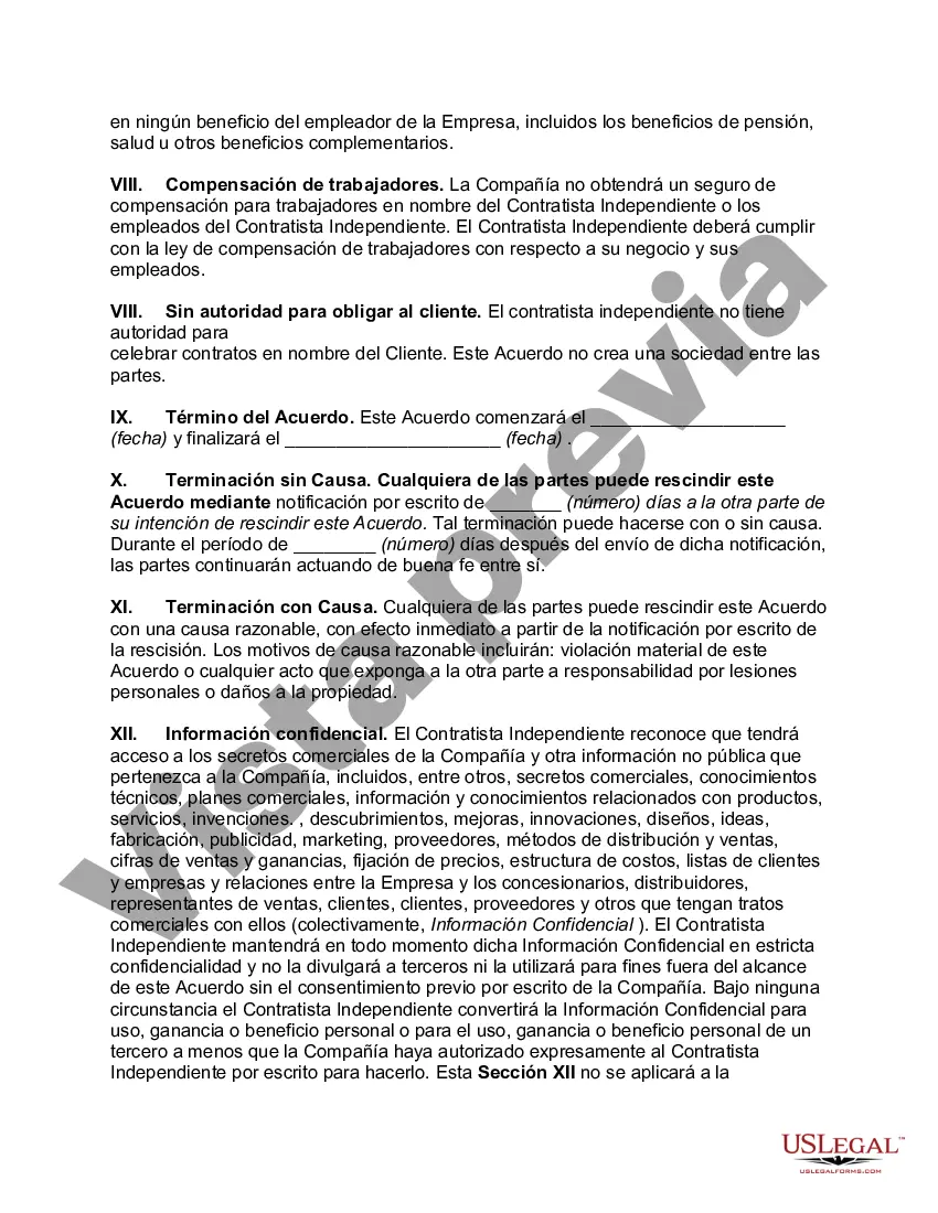 Preview Contrato con Contratista Independiente con Disposiciones para Terminación con y sin Causa, Información Confidencial y Derecho al Producto del Trabajo e Invenciones del Contratista Independiente