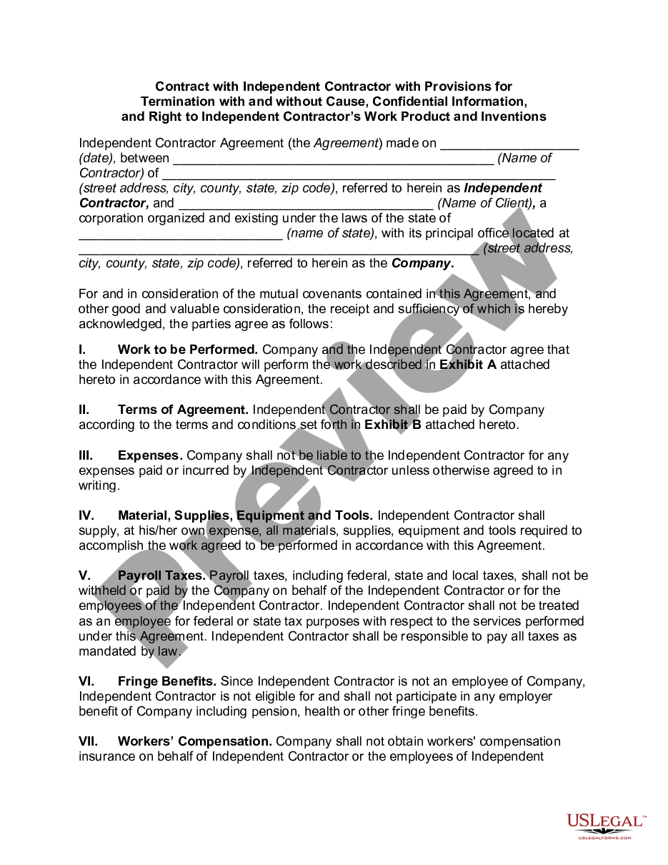 page 0 Contract with Independent Contractor with Provisions for Termination with and without Cause, Confidential Information, and Right to Independent Contractor’s Work Product and Inventions preview