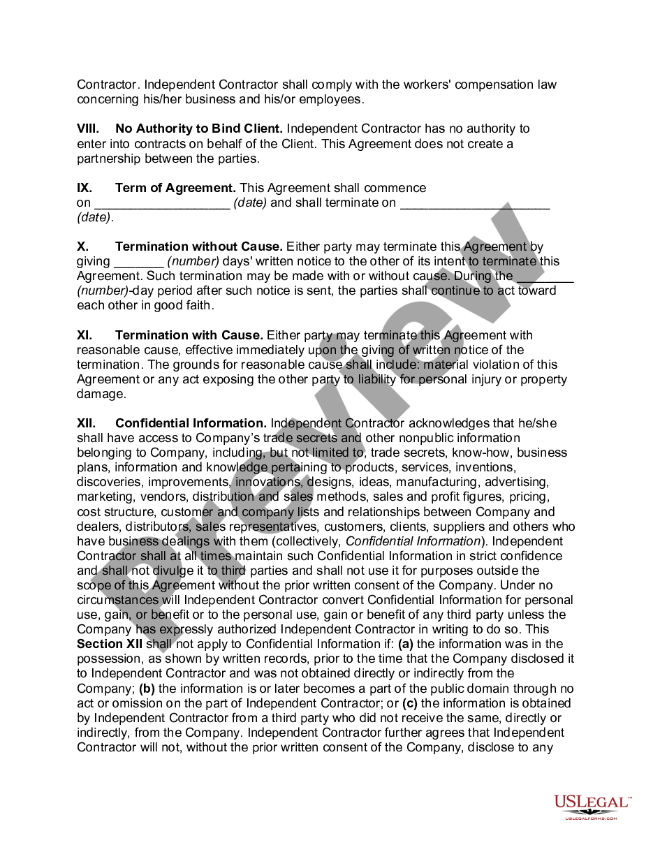 page 1 Contract with Independent Contractor with Provisions for Termination with and without Cause, Confidential Information, and Right to Independent Contractor’s Work Product and Inventions preview