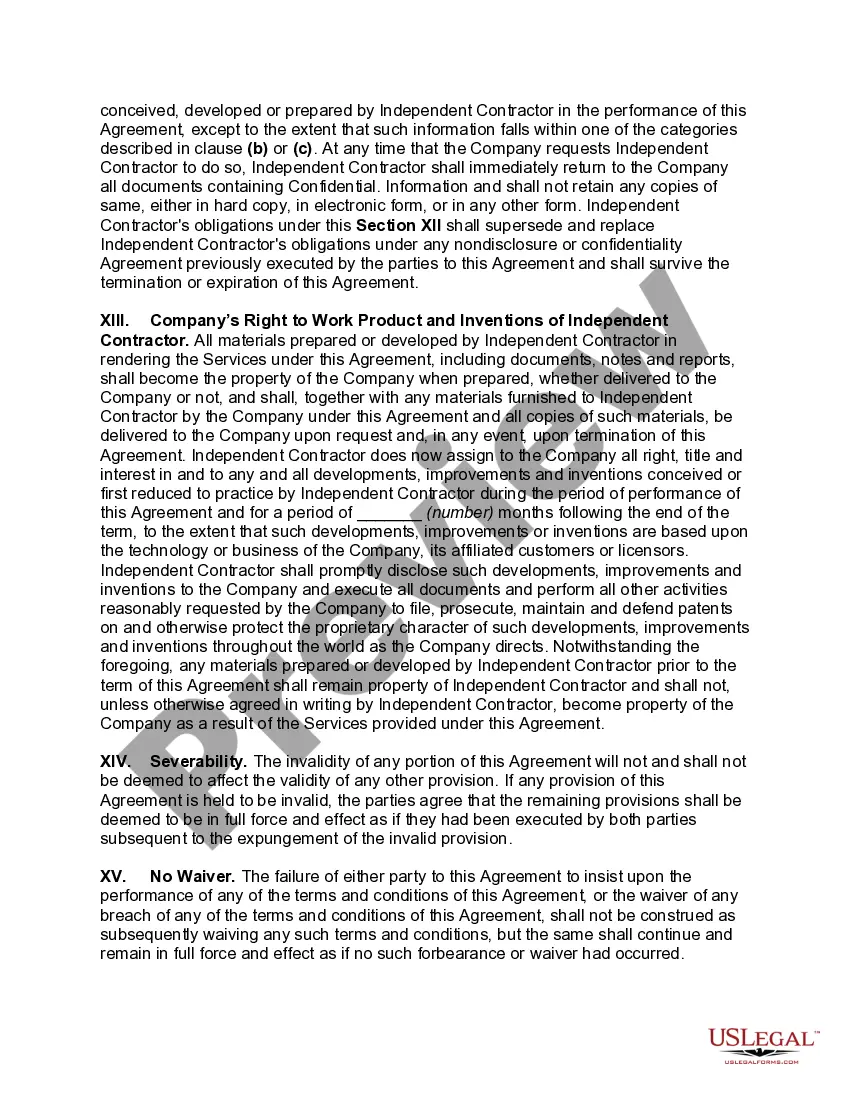 Get Contract with Independent Contractor with Provisions for Termination with and without Cause, Confidential Information, and Right to Independent Contractor's Work Product and Inventions Preview Contract with Independent Contractor with Provisions for Termination with and without Cause, Confidential Information, and Right to Independent Contractor's Work Product and Inventions