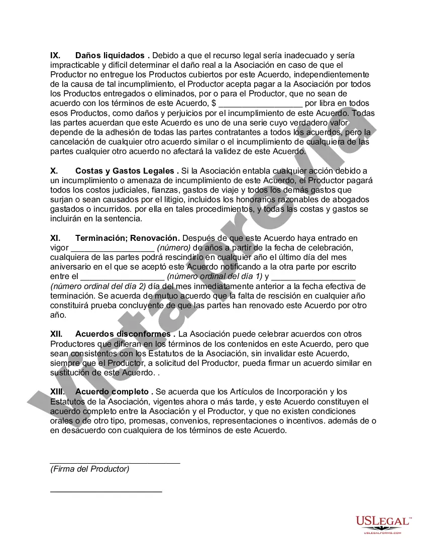 Preview Formulario General de Acuerdo de Comercialización para Asociación Cooperativa de Comercialización