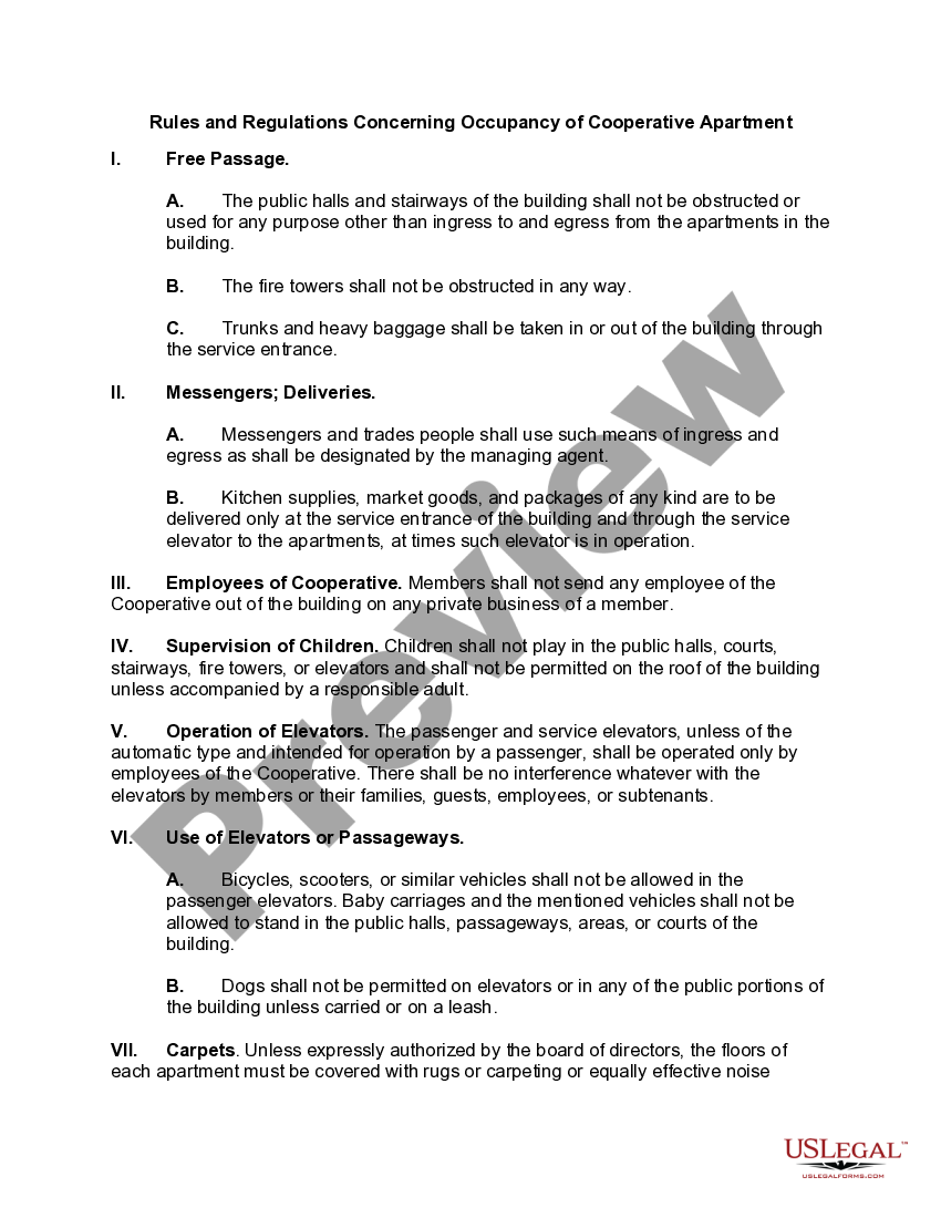 Rules and Regulations Concerning Occupancy of Cooperative Apartment Rules Regulations