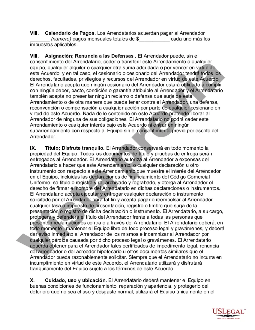 Preview Arrendamiento neto de equipo (arrendamiento neto de propiedad personal) sin garantías por parte del arrendador y opción de compra