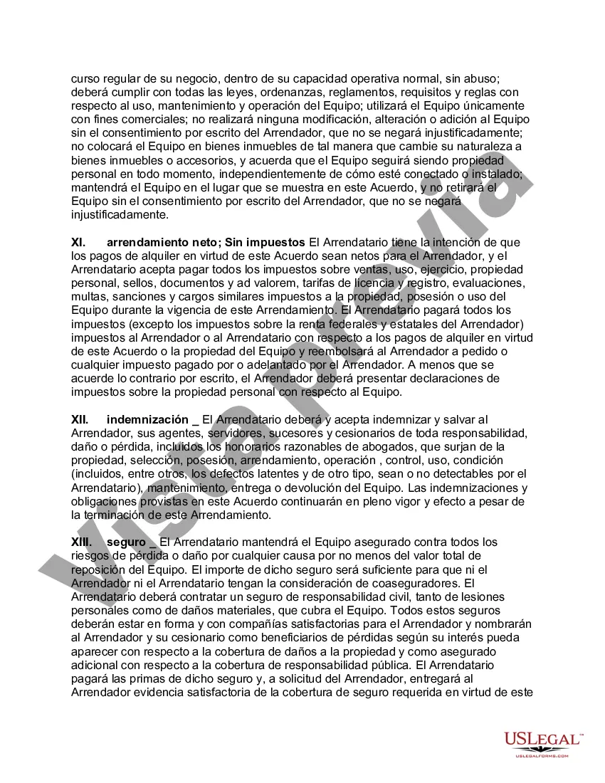 Preview Arrendamiento neto de equipo (arrendamiento neto de propiedad personal) sin garantías por parte del arrendador y opción de compra