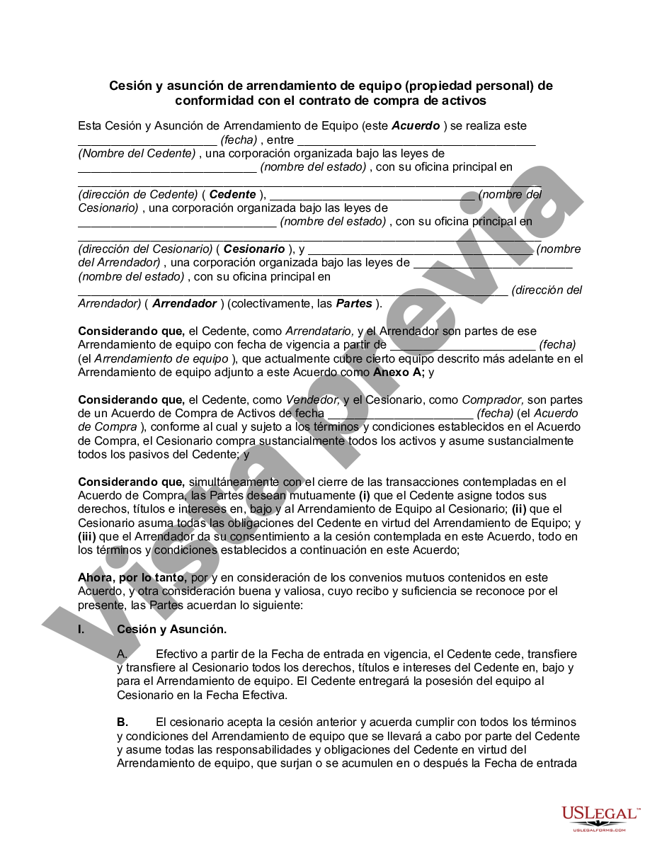 Queens New York Cesión Y Asunción De Arrendamiento De Equipo Propiedad Personal De Conformidad 1567