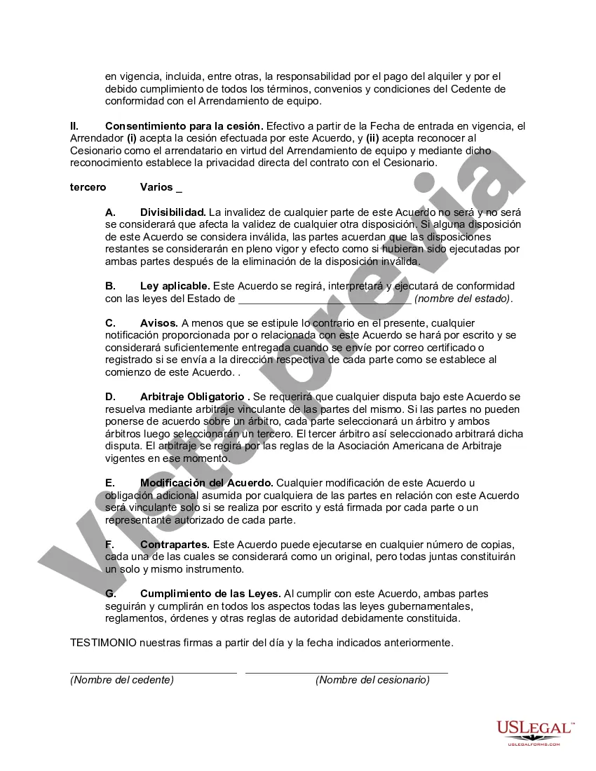Preview Cesión y asunción de arrendamiento de equipo (propiedad personal) de conformidad con el contrato de compra de activos