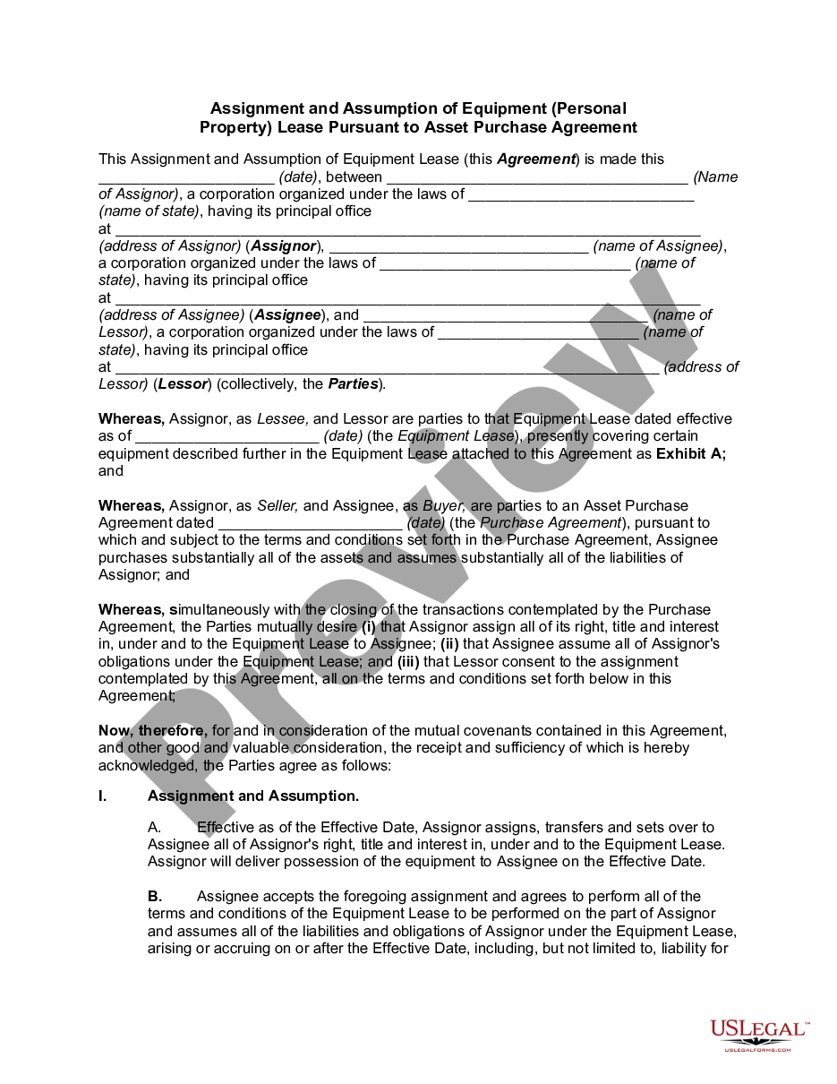 page 0 Assignment and Assumption of Equipment (Personal Property) Lease Pursuant to Asset Purchase Agreement preview