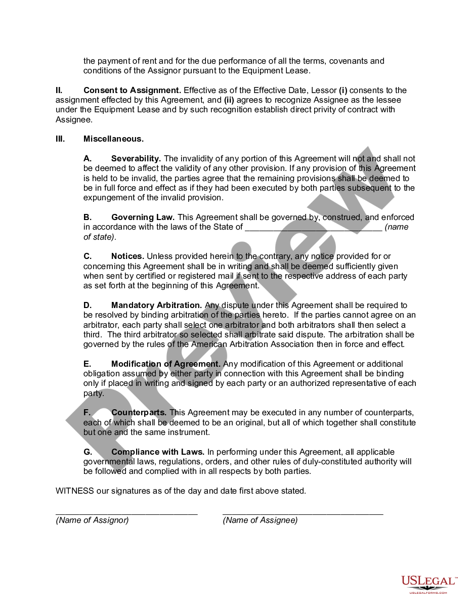 page 1 Assignment and Assumption of Equipment (Personal Property) Lease Pursuant to Asset Purchase Agreement preview