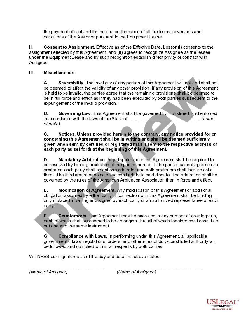 Get Assignment and Assumption of Equipment (Personal Property) Lease Pursuant to Asset Purchase Agreement Preview Assignment and Assumption of Equipment (Personal Property) Lease Pursuant to Asset Purchase Agreement