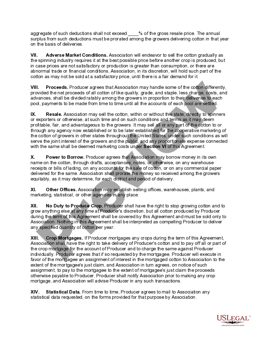Preview Marketing Agreement Between Cotton Producer and Cooperative Marketing Association