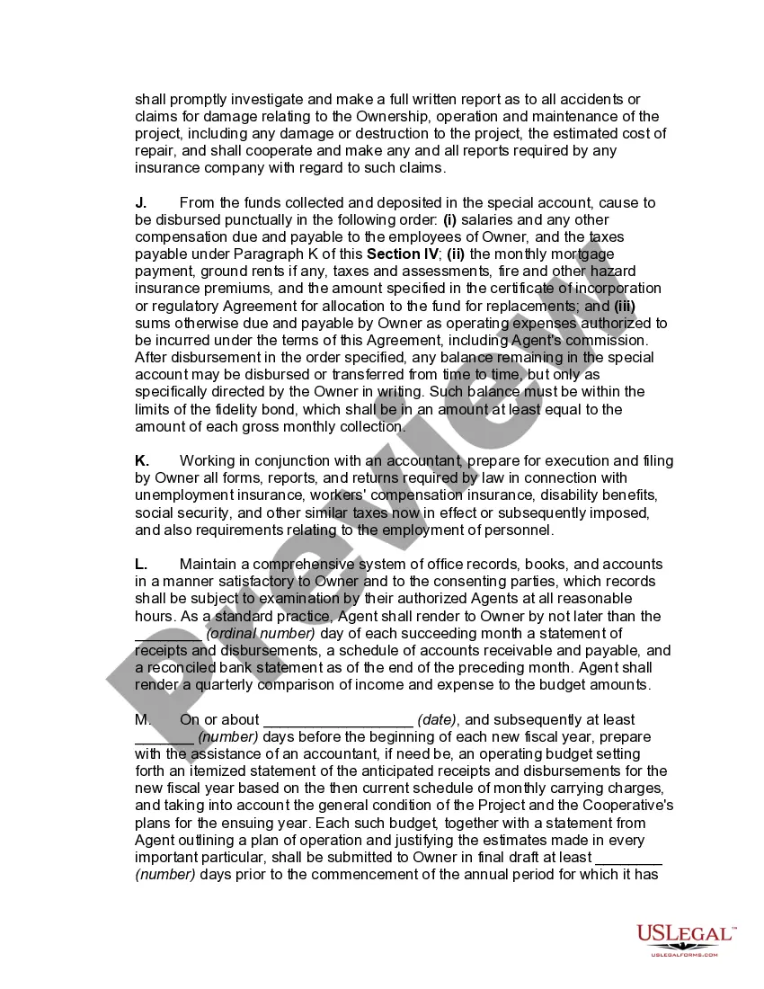 Preview Management Agreement Between Co-operative and Corporate Agent