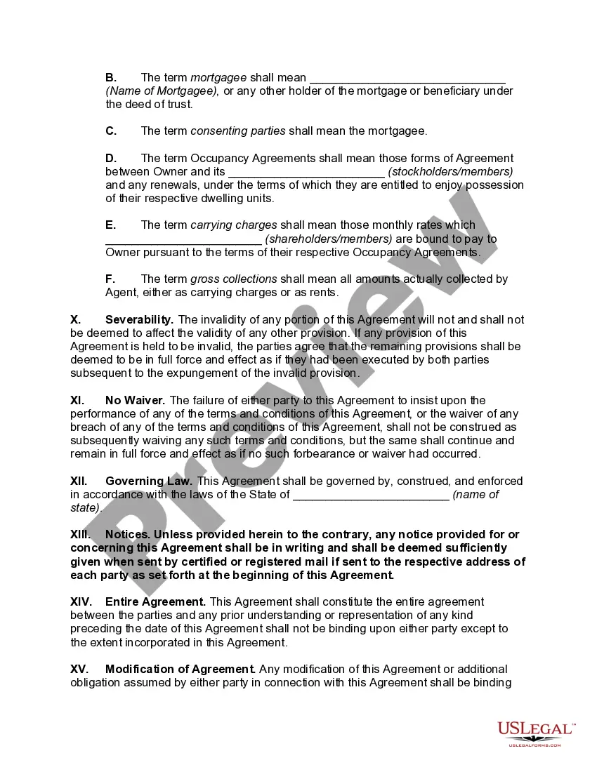 Preview Management Agreement Between Co-operative and Corporate Agent