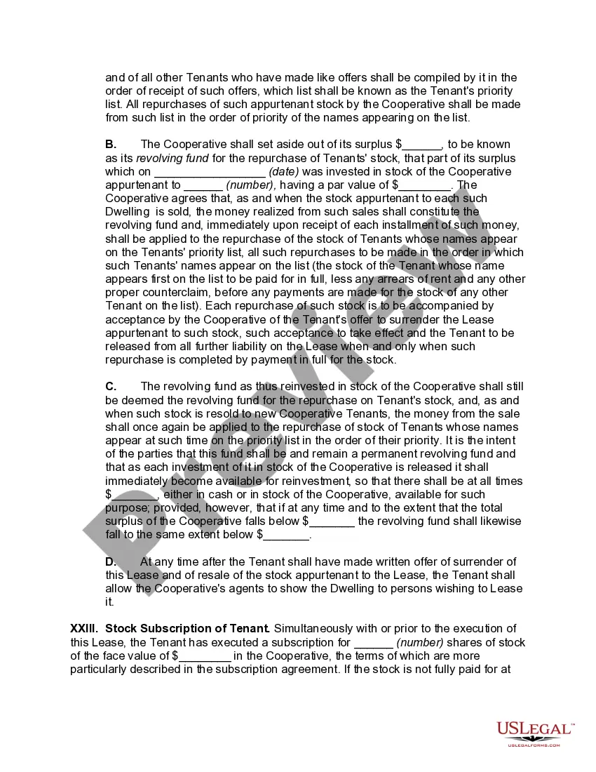Preview Lease of Dwelling Unit of Cooperative Housing Corporation by Stockholder of Lessor